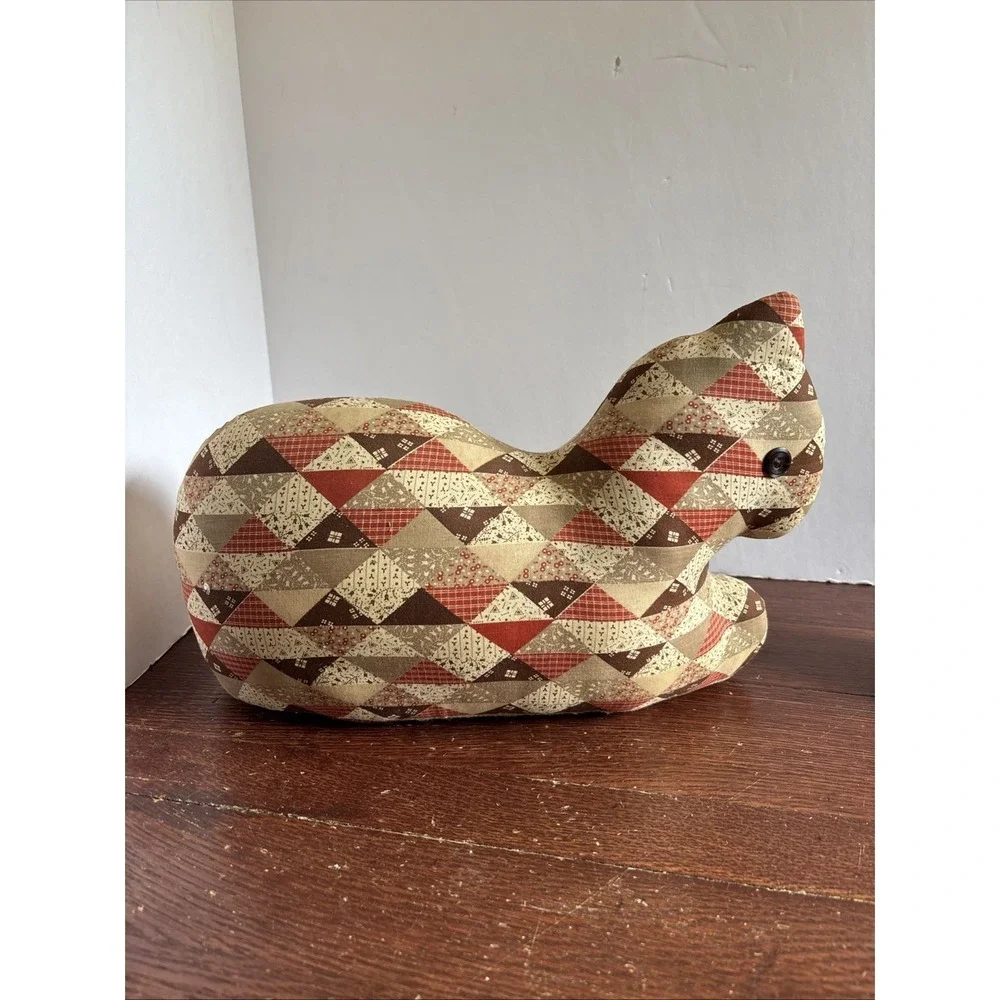 Vintage Hand Made Patchwork Linen Laying Cat Plush Door Stop Couch Laying‎ Kitty